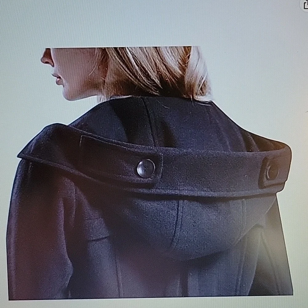 Tanming black double breasted wool pea coat trench coat jacket hood Small New …